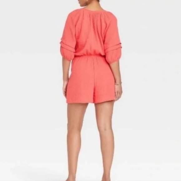 Knox Rose Romper Size M Coral Gauze V Neck Tassel Tie Side Pockets Cut Out Boho - Picture 2 of 15